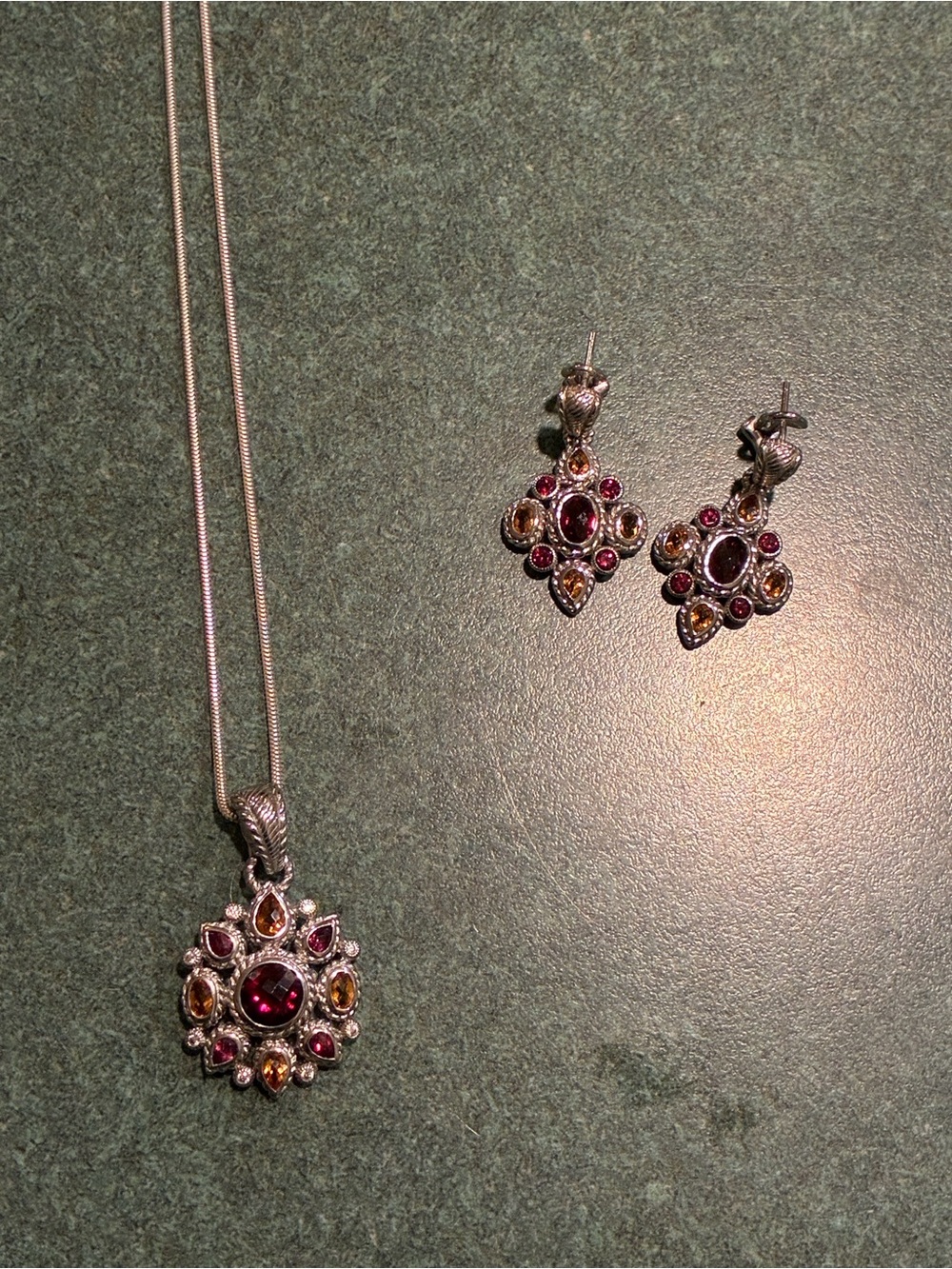 Judith Ripka Sterling Silver Garnet and Citrine Pendant Necklace with Earrings